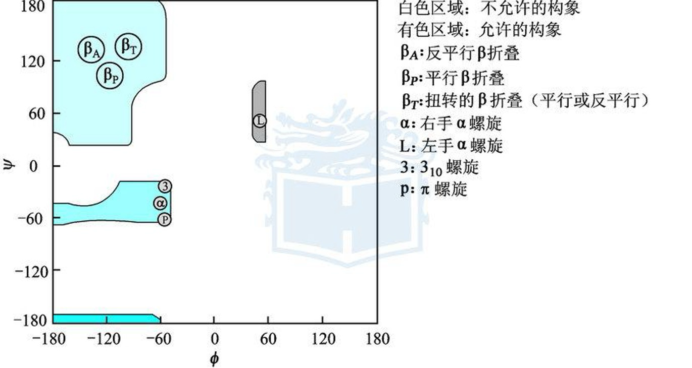 不同二级结构在 Ramachandran 图中的位置